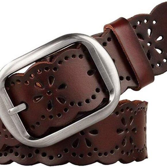 Women Leather Belt Wide Flower Hollow Design for Jeans Formal Casual - Picture 1 of 6